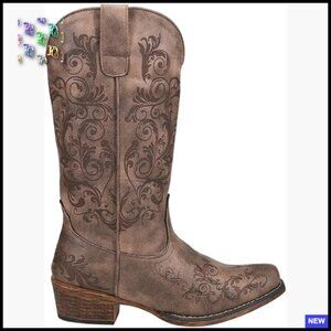 Western Snip Toe Boots Mid Calf Low Heel Faux Leather Casual Vintage Chic